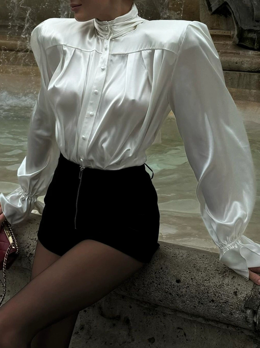 Zara Fall Ribbon Blouse Office Stand Collar Long Puff Sleeve